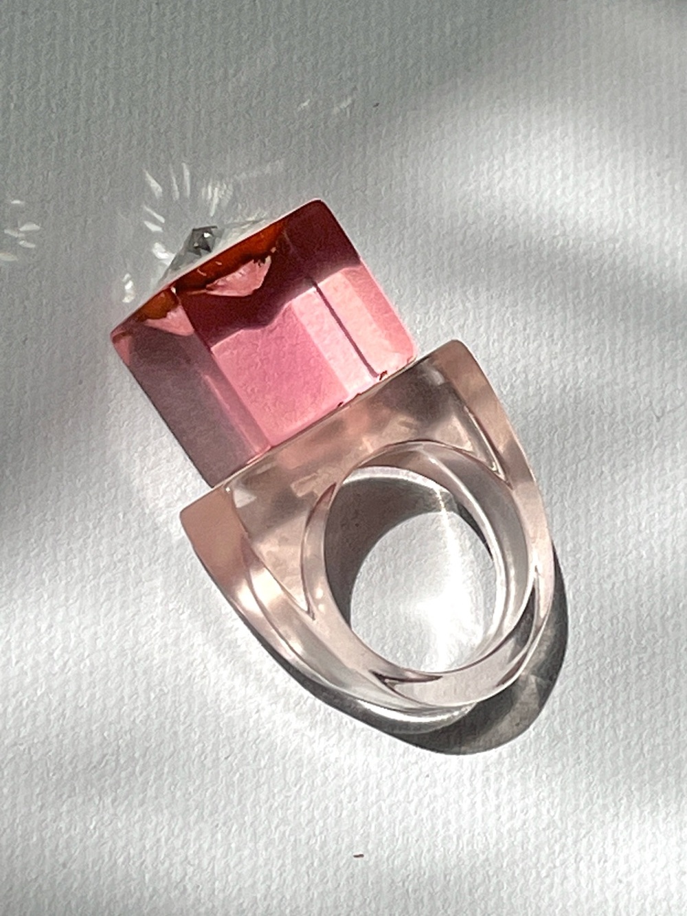Vintage Lucite Ring Chunky Salmon Pink Peach Rhinestone Statement Unisex Jewelry